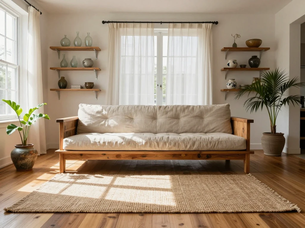 Ljust vardagsrum med hållbar inredning